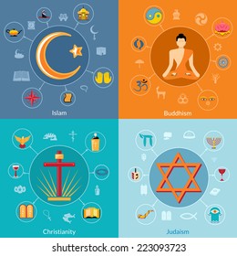 Religions icon flat set of islam buddhism christianity judaism symbols isolated vector illustration