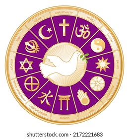 Religions of the World Gold Mandala Wheel surrounding Dove of Peace:  Christianity, Hindu, Taoism, Baha'i, Buddhism, Jain, Shinto, Confucian, Native Spirituality, Judaism, Sikh, Islam. Royal purple