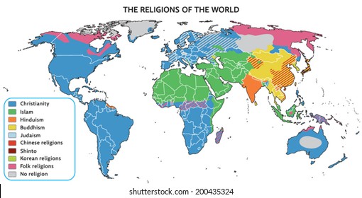 Religions of the world on map. Fully editable vector graphics.