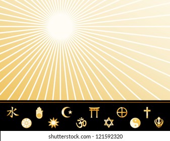 Religions of the World Poster, gold symbols: Hindu, Bahai, Islam, Shinto, Tao, Christian, Jain, Judaism, Native Spirituality, Buddhism, Confucianism, Sikh. Copy space, star burst. EPS8 compatible.