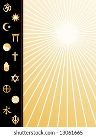 Religions of the World Poster, gold symbols: Hindu, Bahai, Islam, Shinto, Tao, Christian, Jain, Judaism, Native Spirituality, Buddhism, Confucianism, Sikh. Copy space, star burst. EPS8 compatible.
