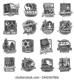 Religions of world, religious symbols of Christianity Catholicism, Buddhism and Orthodox, vector icons. Different religions and Signs of Judaism David star, Christian church and Muslim mosque