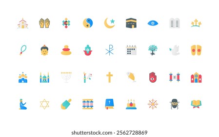 Religions of world, spirituality and faith color icon set. Religious holy symbols of Buddhism and Judaism, Christianity and Islam, church and mosque, prayer to god flat elements vector illustration