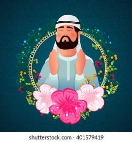 Religious Arabian Man reading Namaz (Islamic Prayer) in beautiful flowers decorated frame for Islamic Festival concept.