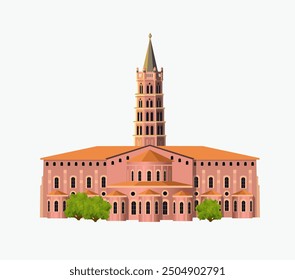 Religious architecture. Basilica of Saint-Sernin at Toulouse on white background. Vector illustration