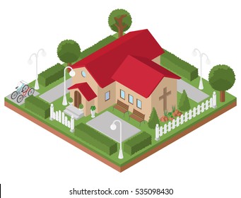 Religious architecture. Flat 3d isometric church and city map elements such as building, park, transport, nature isolated on white. Build your own infographics collection. Vector illustration