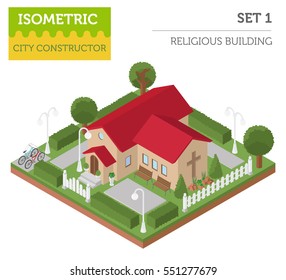 Religious architecture. Flat 3d isometric church and city map creator elements such as building, park, transport, nature isolated on white. Build your own infographics collection. Vector illustration