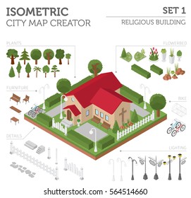 Religious architecture. Flat 3d isometric church and city map creator elements such as building, park, transport, nature isolated on white. Build your own infographics collection. Vector illustration