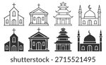 Religious architecture icon set, churches, mosques and temples in clean line style on transparent background
