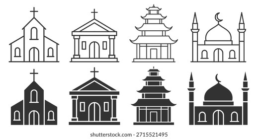 Conjunto de iconos de arquitectura religiosa, iglesias, mezquitas y templos en estilo de línea limpia sobre fondo transparente
