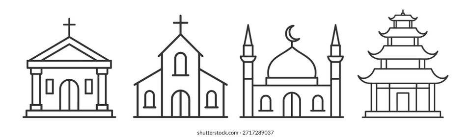 Conjunto de iconos de arquitectura religiosa, iglesias, mezquitas y templos en estilo de línea limpia sobre fondo transparente