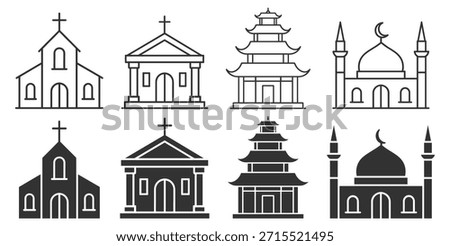 Religious architecture icon set, churches, mosques and temples in clean line style on transparent background