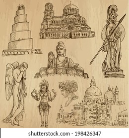 Religious around the World (vector pack no.1). Collection of an hand drawn illustrations (originals). Each drawing comprises of two layers of outlines, the colored background is isolated.