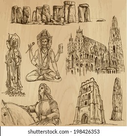Religious around the World (vector pack no.3). Collection of an hand drawn illustrations (originals). Each drawing comprises of two layers of outlines, the colored background is isolated.