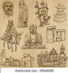 Religious around the World (vector pack no.4). Collection of an hand drawn illustrations (originals). Each drawing comprises of two layers of outlines, the colored background is isolated.