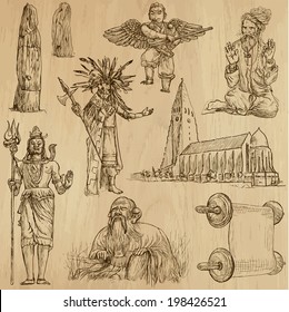 Religious around the World (vector pack no.11). Collection of an hand drawn illustrations (originals). Each drawing comprises of two layers of outlines, the colored background is isolated.