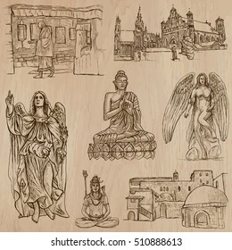 Religious around the World, Vector pack, set. RELIGION. Collection of an hand drawn illustrations. Each drawing comprises a few layers of outlines, the colored background is isolated. Hand drawing.