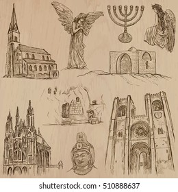Religious around the World, Vector pack, set. RELIGION. Collection of an hand drawn illustrations. Each drawing comprises a few layers of outlines, the colored background is isolated. Hand drawing.