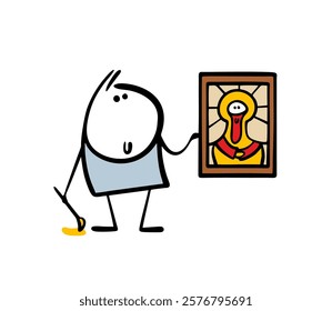 Religious artist with  beard and a brush painted a masterpiece. Vector illustration of man holding an icon. Restorer found  ancient artifact object in the church. Isolated cartoon caricature.