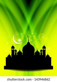 religious background design for ramadan and eid with beautiful mosque and green waves. vector illustration