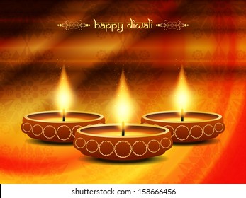 religious background design in wave style for diwali festival with beautiful lamp. vector illustration