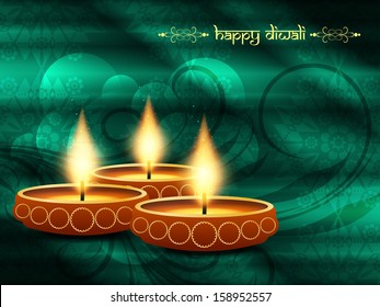 religious background design in wave style for diwali festival with beautiful lamp. vector illustration