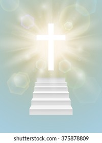 Religious background with white cross, sun rays and stairway going up to the heaven.  Vector illustration.