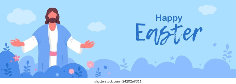  Religious banner, poster.Happy Easter. Jesus spreads his hands.  Greeting card. Vector Illustration