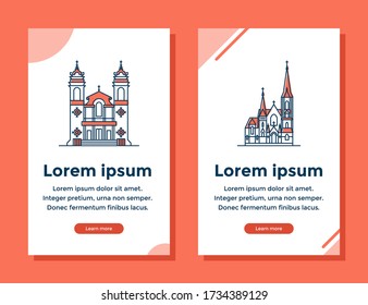 Religious banners with facades of church in linear style. Vector illustration isolated on a white background. Horizontal template for designs, cards, posters, ads.