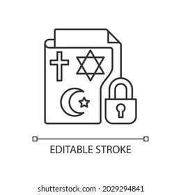 Religious beliefs information linear icon. Religious freedom. Secure sensitive personal data. Thin line customizable illustration. Contour symbol. Vector isolated outline drawing. Editable stroke