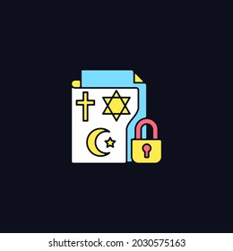 Religious beliefs information RGB color icon for dark theme. Religious freedom. Secure sensitive data. Isolated vector illustration on night mode background. Simple filled line drawing on black