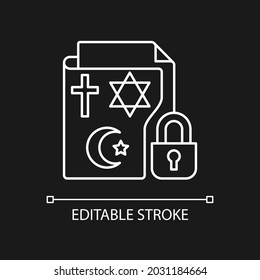 Religious beliefs information white linear icon for dark theme. Secure sensitive personal data. Thin line customizable illustration. Isolated vector contour symbol for night mode. Editable stroke