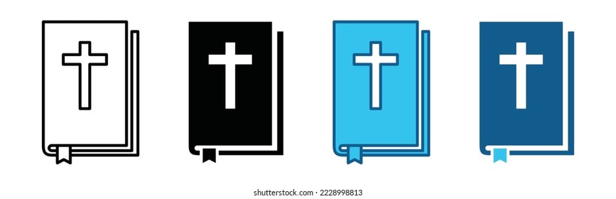 Religious book icon vector. Blue book with cross on cover icon set. Christian bible in flat and outline style. Bible symbol illustration 