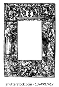 Religious Border tem conotações religiosas com um homem barbudo em cada lado com um halo e um anjo no canto superior esquerdo lendo vintage desenho de linha ou gravura ilustração.