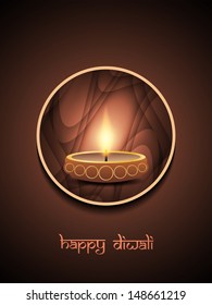 religious brown color background design for diwali festival with beautiful lamp in rounded frame.