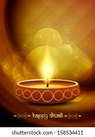 religious brown color background design in wave style for diwali festival with beautiful lamp. vector illustration