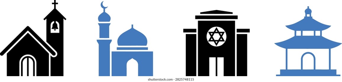 Religious building icons set including church mosque synagogue and temple in flat vector style