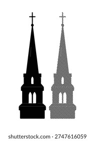 Religious building tower, gothic cathedral steeple, decorative christian chapel silhouette