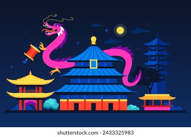 Religious buildings in China - modern colored vector illustration with Tiantan Temple of Heaven, shinto shrine, chapel for gods, mythological red dragon. Buddhism and Asian Civilization idea