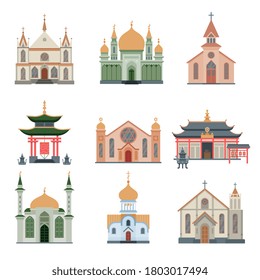Religious Buildings Collection, Different Churches and Temples Facades, Ancient Architectural Constructions Vector Illustration