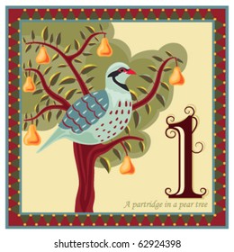 Religious card with The 12 Days of Christmas - 1-st day - A partridge in a pear tree.  Vector illustration saved as EPS AI 8, no effects, no gradients, easy print.