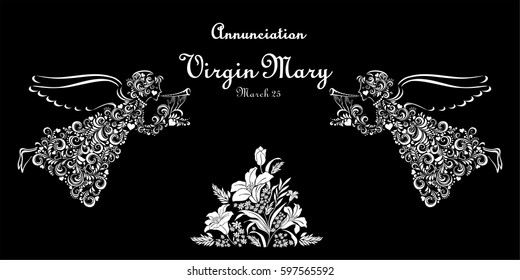 Religious card. Celebration black background with angel and place for your text. March 25. Holiday - Annunciation Virgin Mary. Vector Illustration