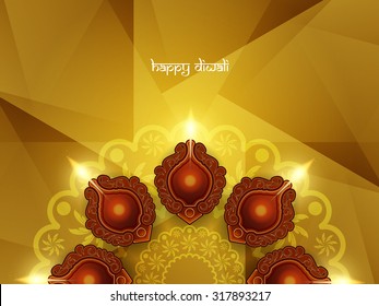 Religious card design for Diwali festival with beautiful lamps