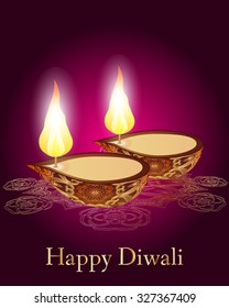 Religious card design for Diwali festival with beautiful lamps. Vector illustration of burning diya (Oil Lamp) on Diwali Holiday background. Mandala