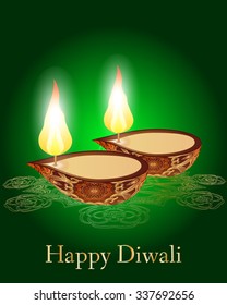 Religious card design for Diwali festival with beautiful lamps. Vector illustration of burning diya (Oil Lamp) on Diwali Holiday background. Mandala