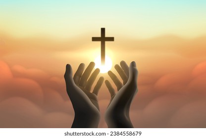 Tarjeta religiosa, manos en el fondo de la puesta del sol, cruz cristiana. Ilustración del vector
