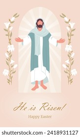  Religious card. He Is Risen.Celebration of Ressurection  .Happy Easter Sunday Day Illustration with Jesus,   for Web Banner or Landing Page in Hand Drawn Templates.Vector