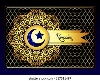 Religious card or postcard to the Islamic holiday of Ramadan. Golden mandala in oriental style with the moon and star of the Muslims on a black background.