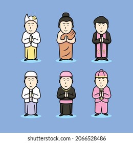 religious cartoon character. religion in Indonesia. Islam, Hinduism, Buddhism, Catholicism, Christianity, Confucianism