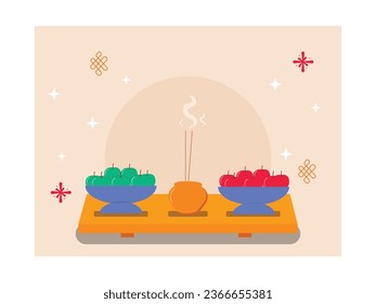 Religious ceremonies at the Chinese ghost festival to pray for blessing, with fruit and incense. Character design. Vector flat illustration